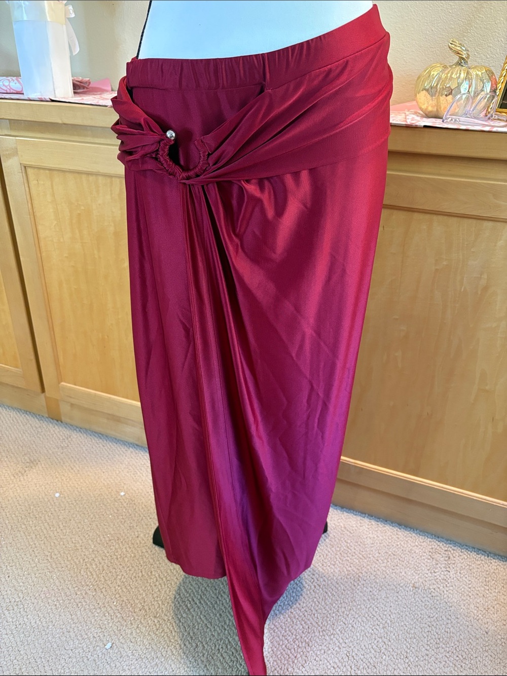 Rabanne Burgundy Draped Satin-Jersey Midi Skirt with Ring Detail